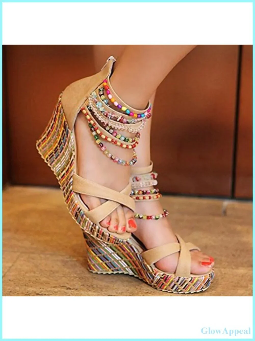 Women's Wedge Platform Sandals 4in Heel Lace Rhinestone Tassel Ankle Strap